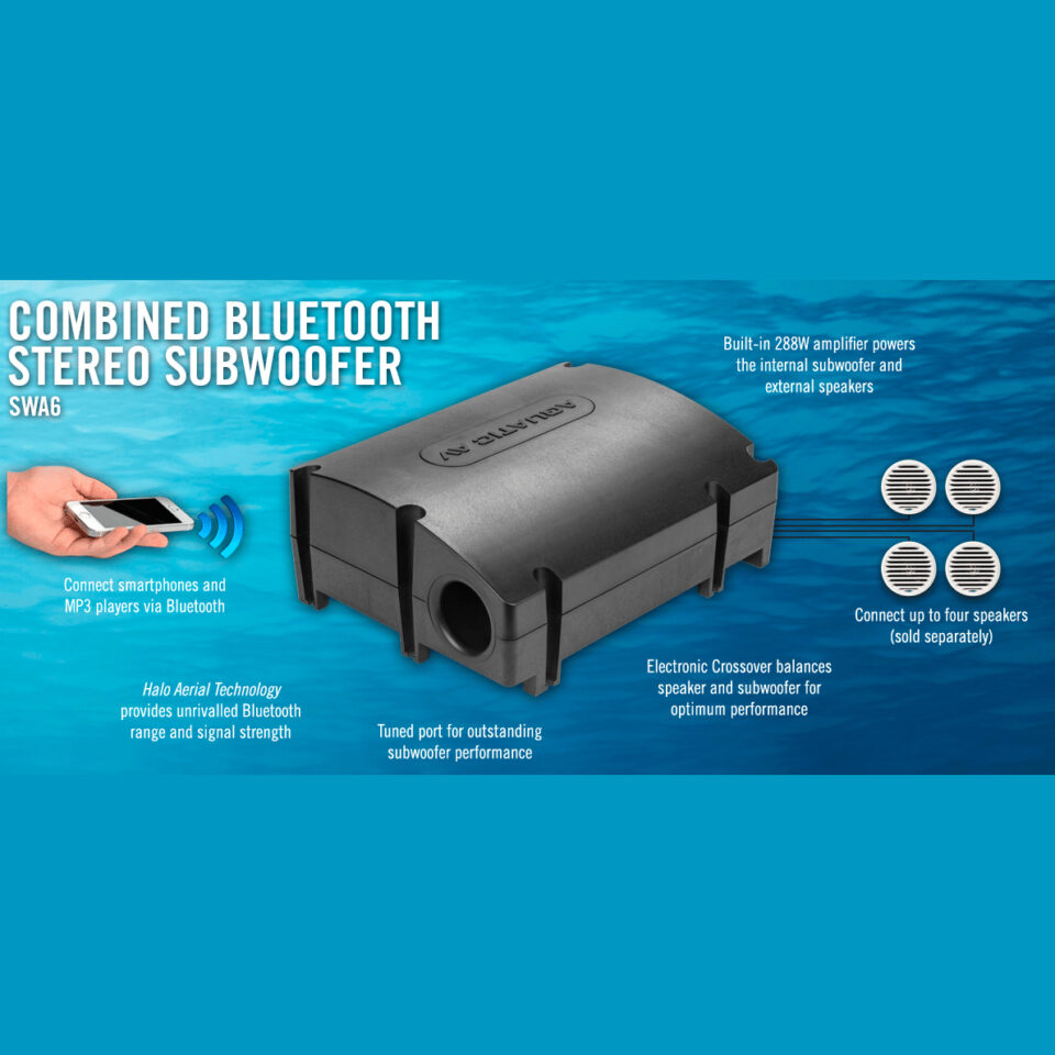 The sound system of the hot tub and swim spa pool Aquatic AV with a huge subwoovfrem.